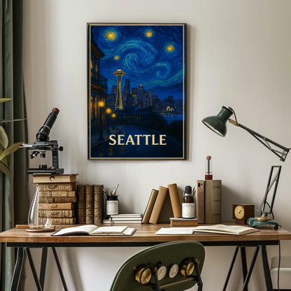 Seattle Space Needle Starry Night Skyline Glow Travel Poster