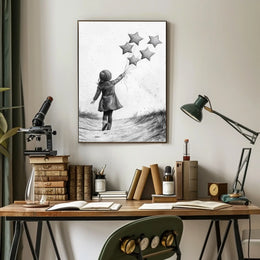 Child Releasing Star Balloons Black And White Sketch Poster