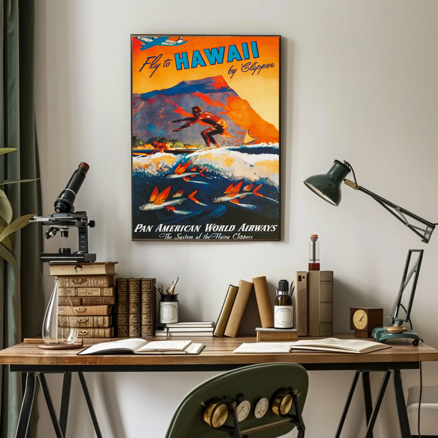 Fly To Hawaii Clipper Surfer Vintage Travel Poster