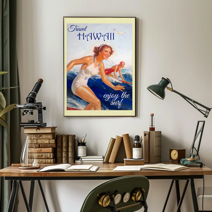 Hawaii Vintage Women Surfing Ocean Retro Travel Poster