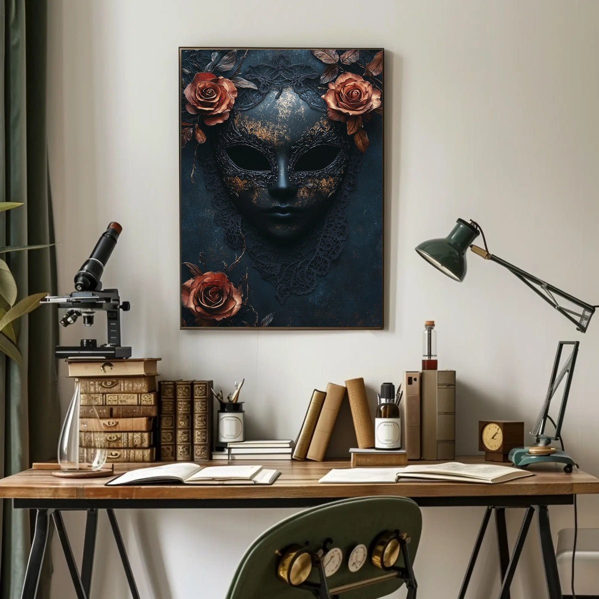 The poster features a stylized ornate mask in a dark and moody setting. Travel Poster