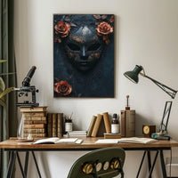 The poster features a stylized ornate mask in a dark and moody setting. Travel Poster