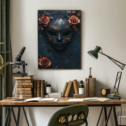 The poster features a stylized ornate mask in a dark and moody setting. Travel Poster