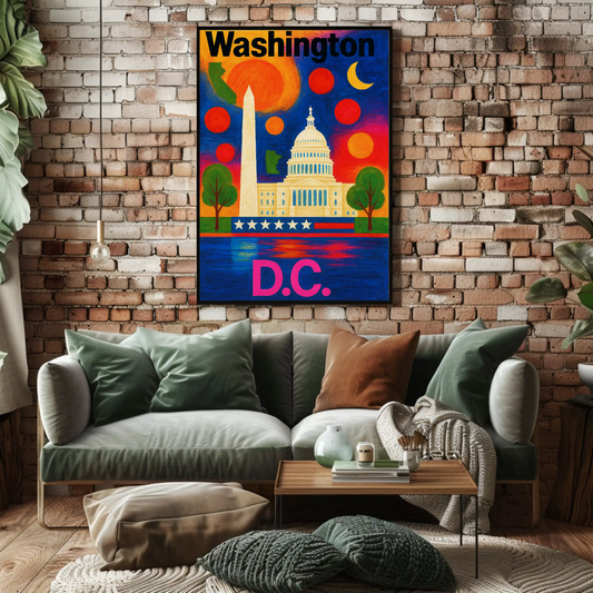 Washington DC Capitol Monument Patriotic Night Vintage Travel Poster