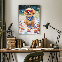 Golden Retriever Puppy Wearing Red Sunglasses Poster