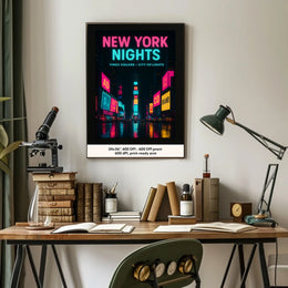 Vibrant Neon Nightscape in Times Square Urban Cityscape Poster