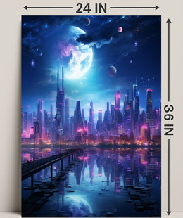 Neon Cityscape Under A Cosmic Sky Poster