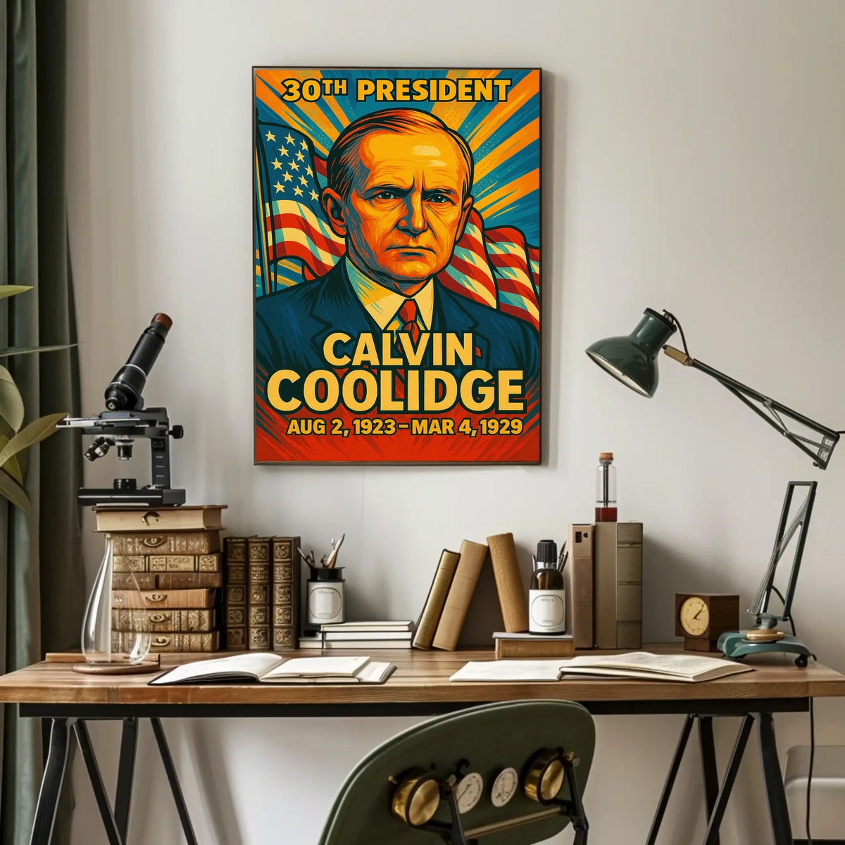 Calvin Coolidge 30th President of the United States Colorful Comic Book Style Poster