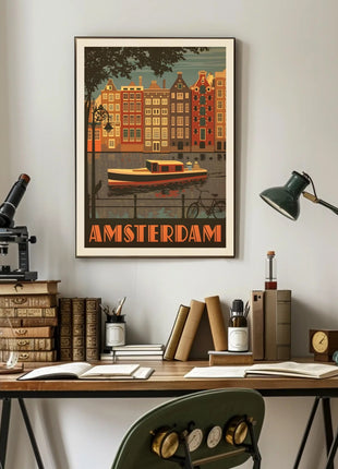Amsterdam Vintage Travel Poster Depicting Retro Canal Scene
