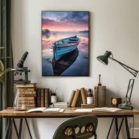 Solitary Wooden Boat on Serene Lake - Artistic Poster