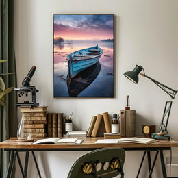 Solitary Wooden Boat on Serene Lake - Artistic Poster