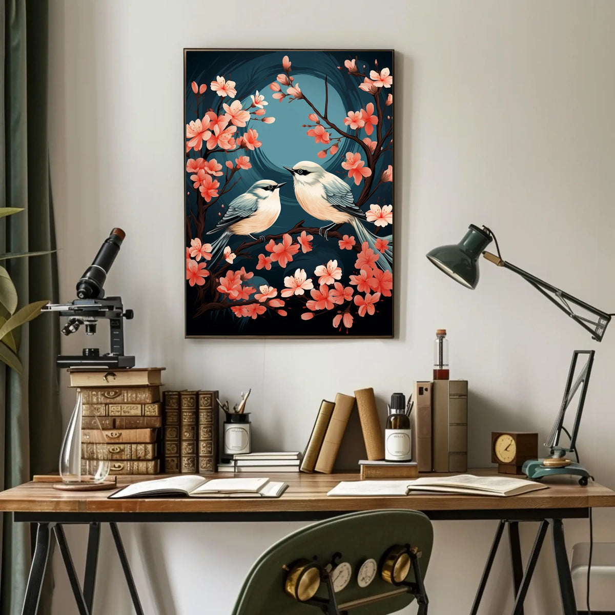 Serene Cherry Blossom Birds Art Poster Decor