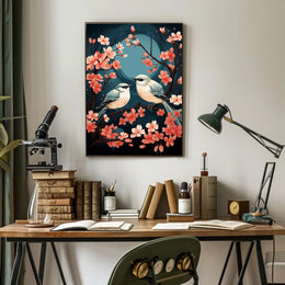 Serene Cherry Blossom Birds Art Poster Decor