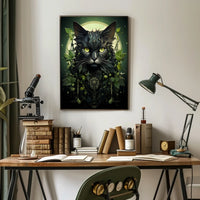 The poster presents a striking, modern depiction of a cat with an elaborate, Travel Poster