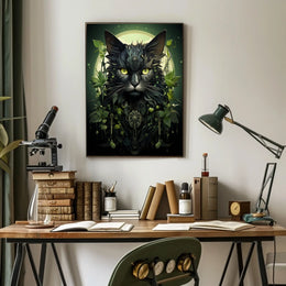 The poster presents a striking, modern depiction of a cat with an elaborate, Travel Poster