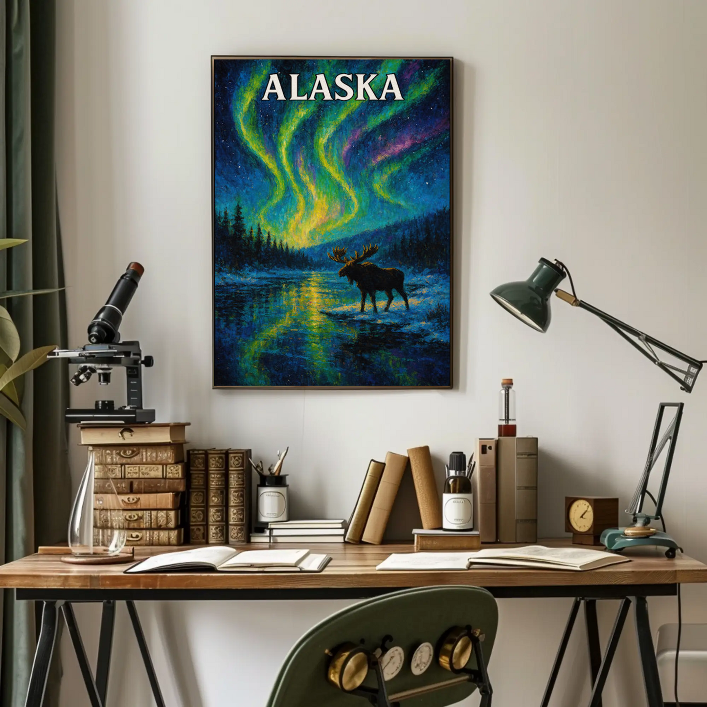 Alaska Aurora Borealis Moose Night Sky Travel Poster