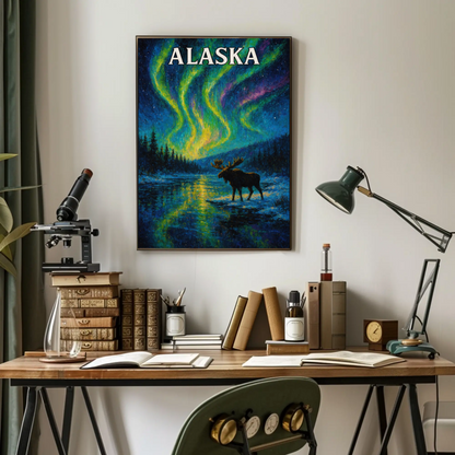 Alaska Aurora Borealis Moose Night Sky Travel Poster