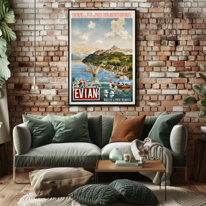 Evian Lake Boats Alps France Vintage Travel Poster
