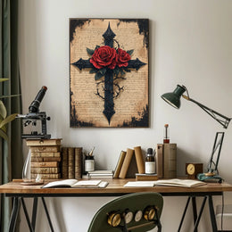 Gothic Cross with Red Roses Artistic Wall Decor Poster