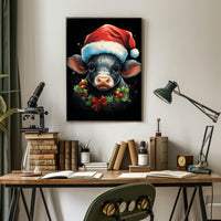 Festive Calf Christmas Poster with Santa Hat