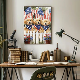 Vibrant Trio Of Golden Retriever Puppies Artwork Poster