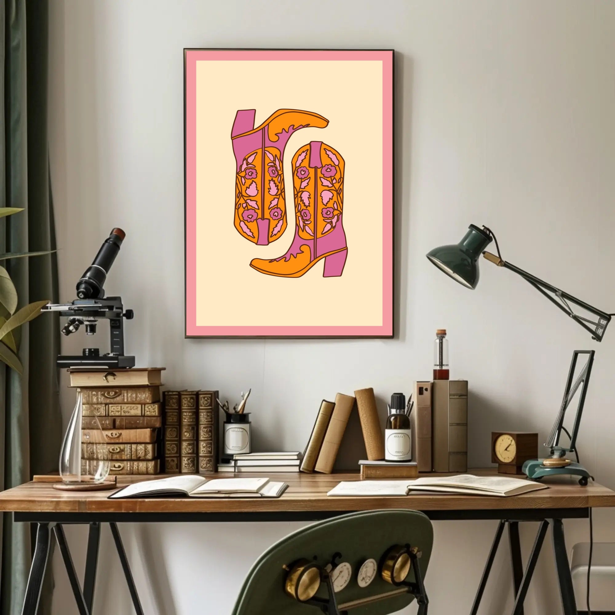 Stylized Cowboy Boots Retro Pop Culture Poster PosterGoat