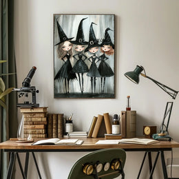 Stylized Witches Whimsical Gothic Monochromatic Poster