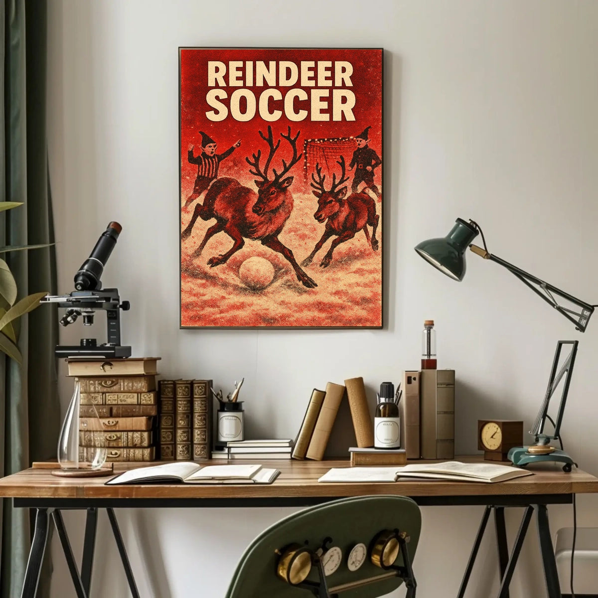 Reindeer Soccer Festive Vintage Holiday Art Poster