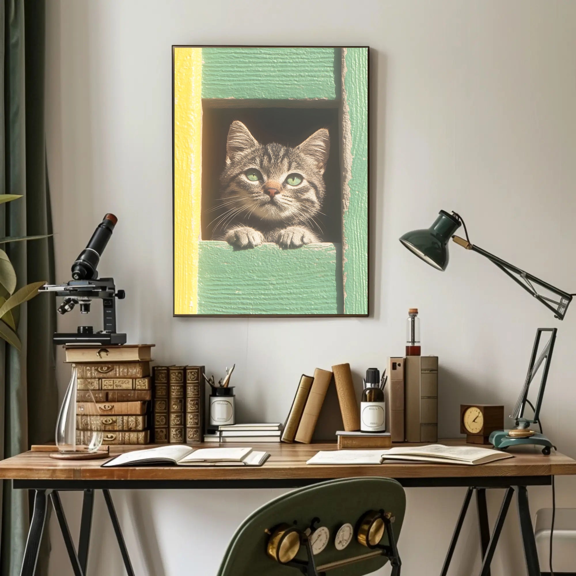 Curious Cat Window Poster Charming Whimsical Print