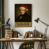 The poster depicts a stylized portrait of William Henry Harrison, the 9th President Travel Poster