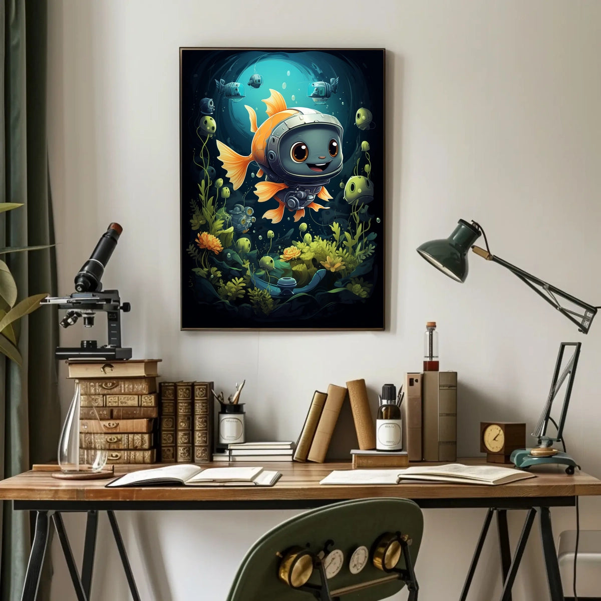 Goldfish in Futuristic Robotic Helmet Poster