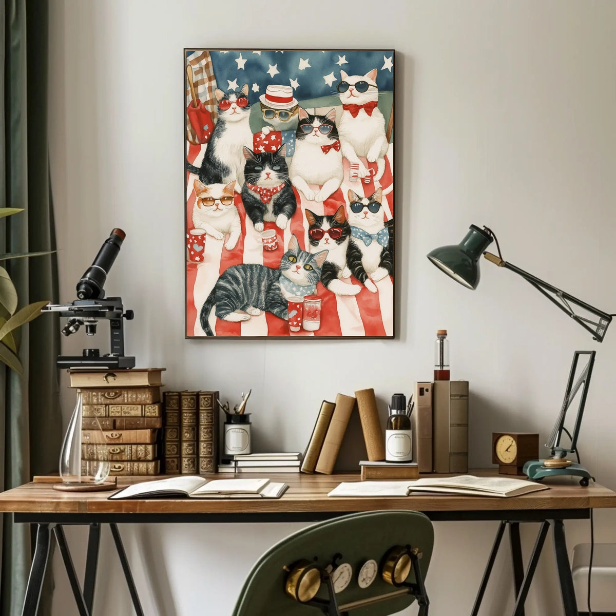 Colorful Patriotic Cats On Picnic Blanket Art Poster