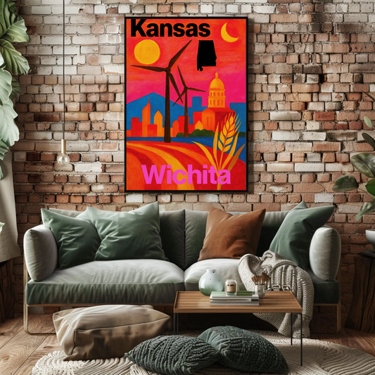 Wichita Kansas Skyline Retro Vintage Travel Poster