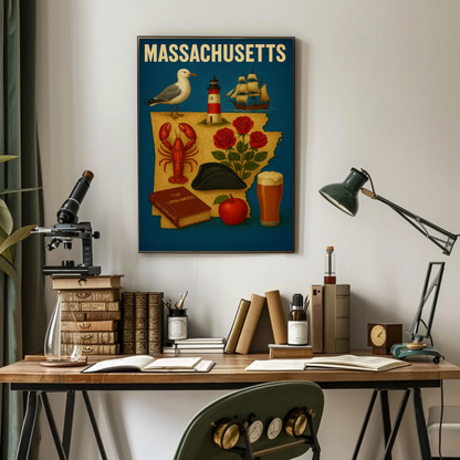 Massachusetts Symbols Map Lobster Ship Hat Poster