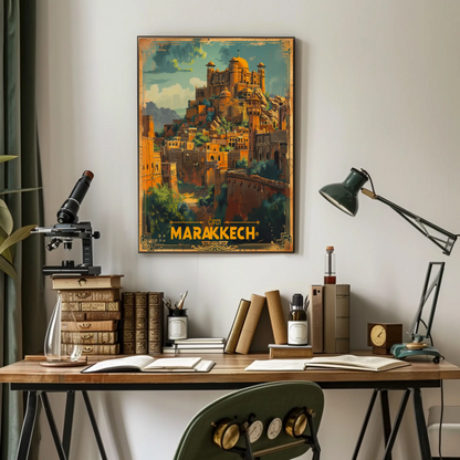 Marrakech Medina Palaces Mountains Travel Poster