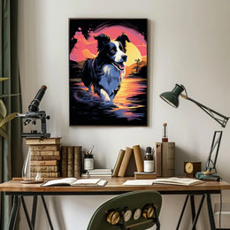 Fetching Border Collie Scenic Sunrise Dog Breed Poster