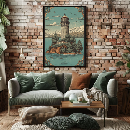 Lighthouse Island Retreat Vintage Travel Poster