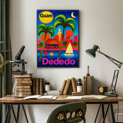 Dededo Guam Colorful Skyline Moonlight Travel Poster
