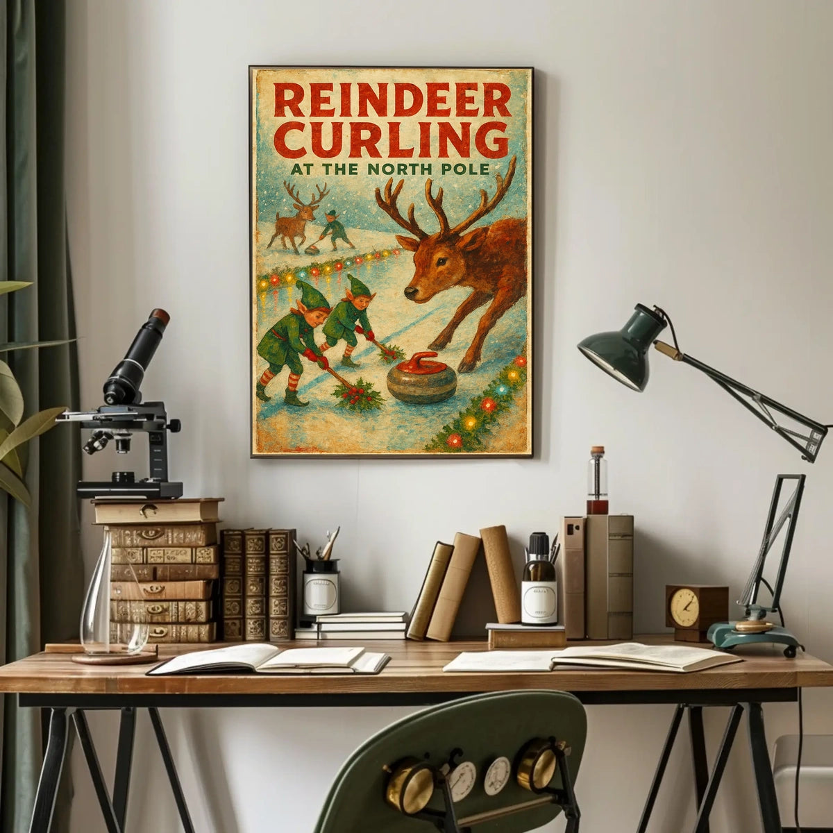 Reindeer Curling at the North Pole Poster