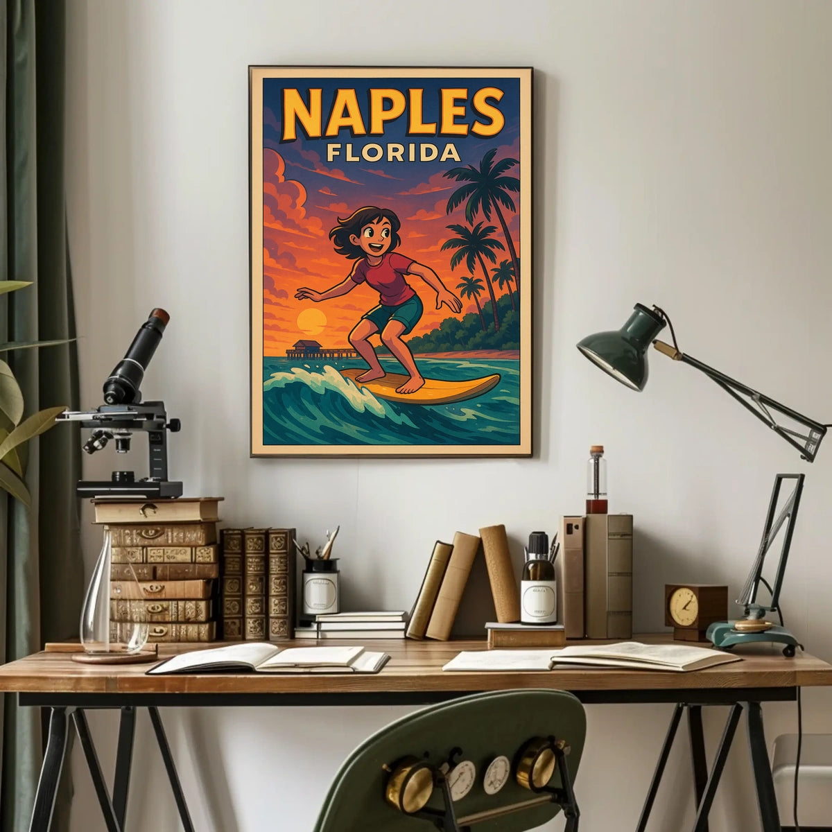 Naples Florida Surfing Poster Wall Art Coastal Decor