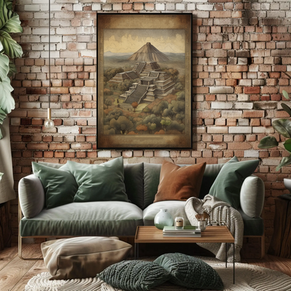 Mexico Teotihuacan Pyramids Volcano Vintage Travel Poster