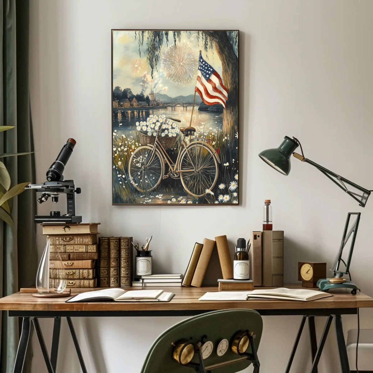 Bicycle With Daisy Basket By Riverside Under Willow Poster