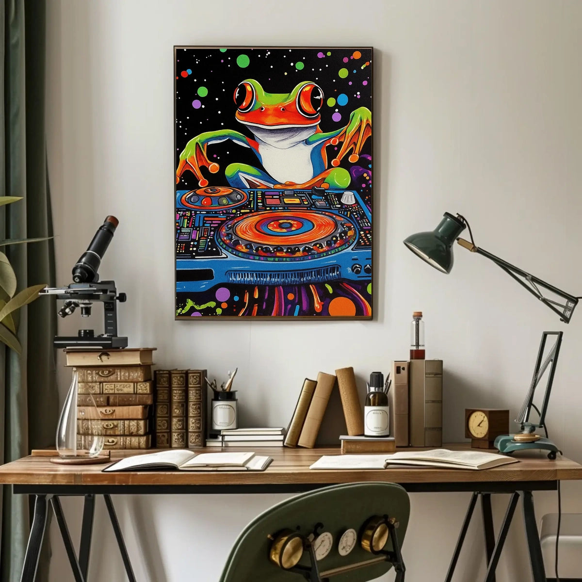 Colorful Frog DJ Vibes in Psychedelic Abstract Poster