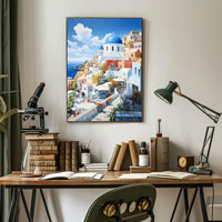Santorini White and Blue Coastal Scene Travel Poster
