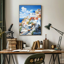 Santorini White and Blue Coastal Scene Travel Poster