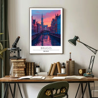 Scenic Bruges Canal Sunset Travel Poster