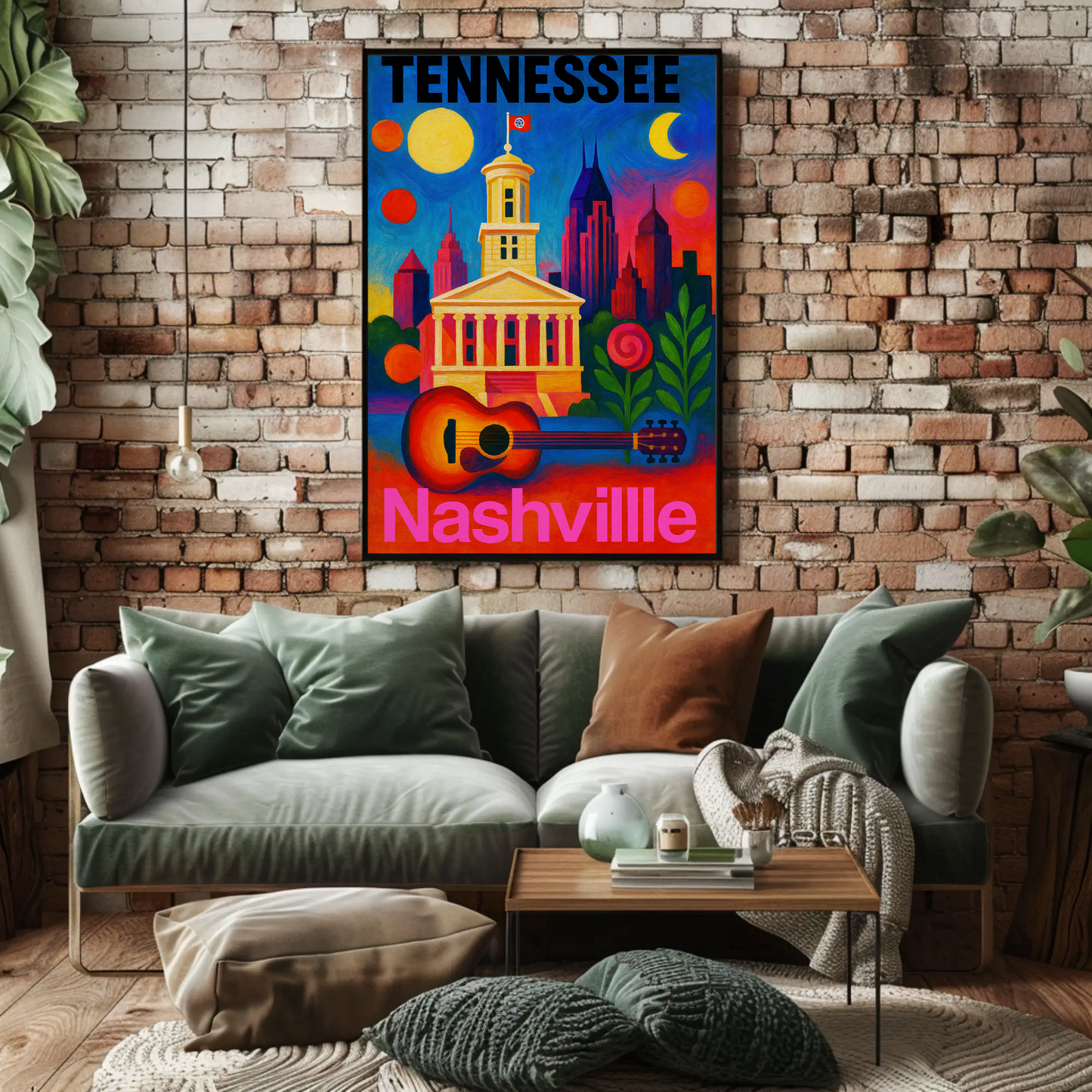 Tennessee Nashville Capitol Guitar Music City Vintage Travel Poster