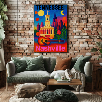 Tennessee Nashville Capitol Guitar Music City Vintage Travel Poster