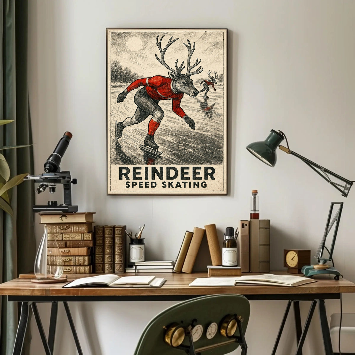 Whimsical Reindeer Skating Vintage Sports Poster