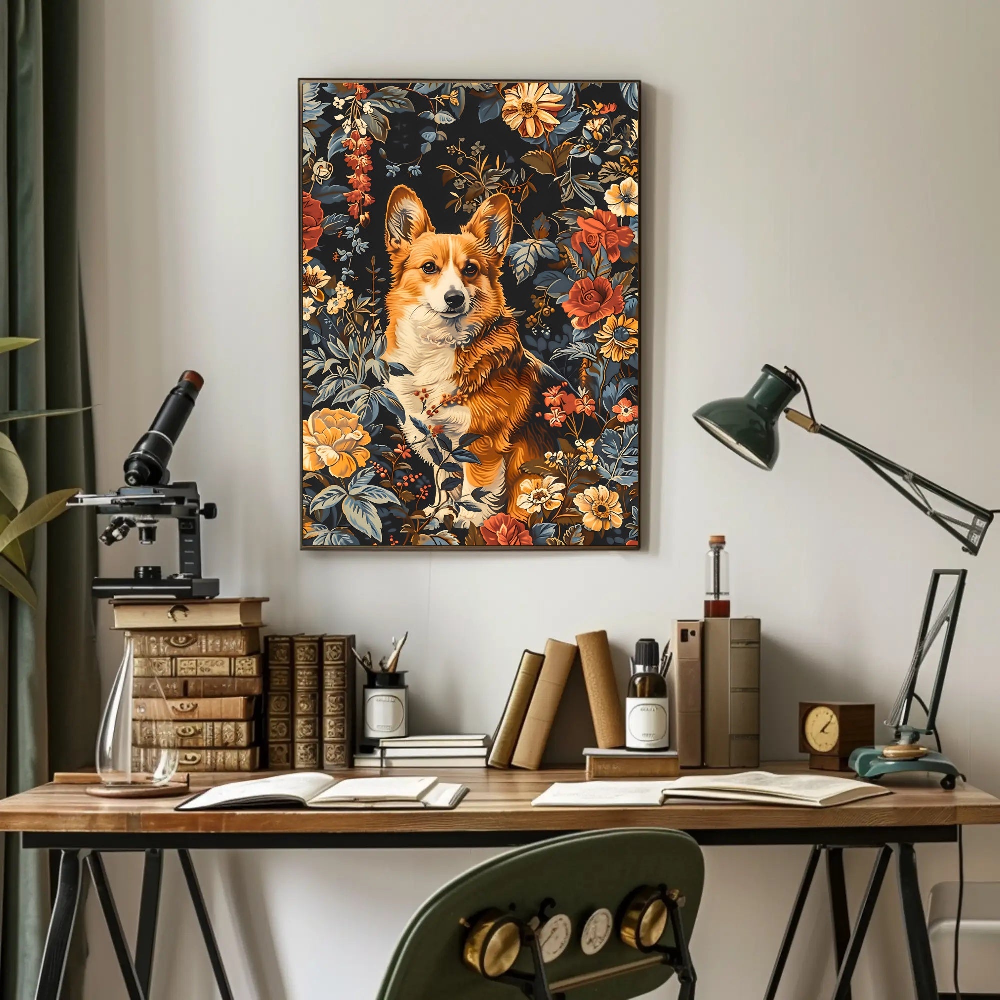 Floral Corgi Portrait Wall Art Print